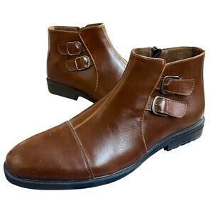 Henry Ferrera Men's Dress Shoes 10 Brown Faux Leather Zip Side Buckle Ankle Boot